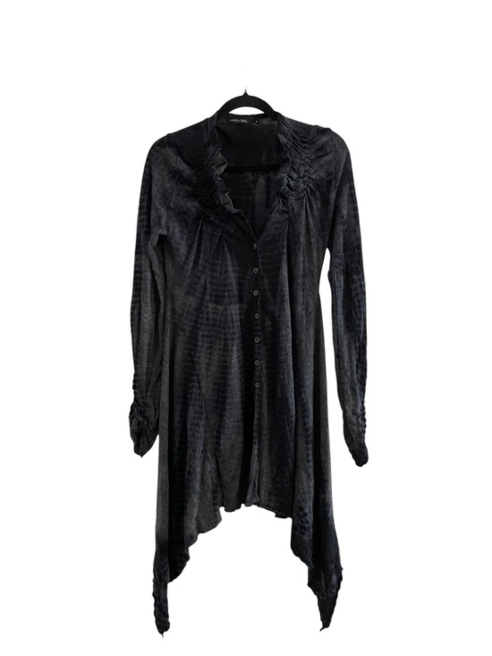 LAUREN VIDAL Black Gray Draped Button Front Asymmetrical Hem Cardigan Size Large